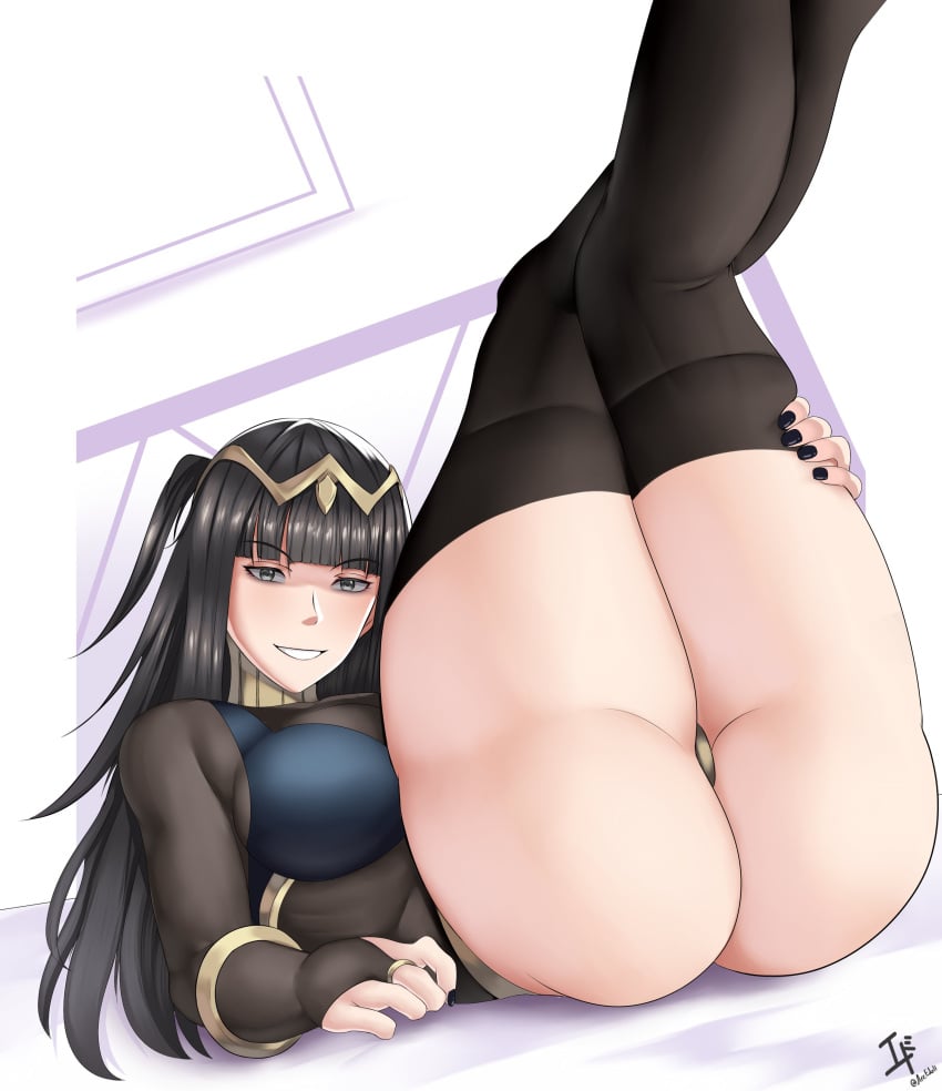 1girls arcedo ass black_hair fire_emblem fire_emblem_awakening grin legs_up long_hair nintendo on_back solo tharja_(fire_emblem) thick_thighs thighhighs