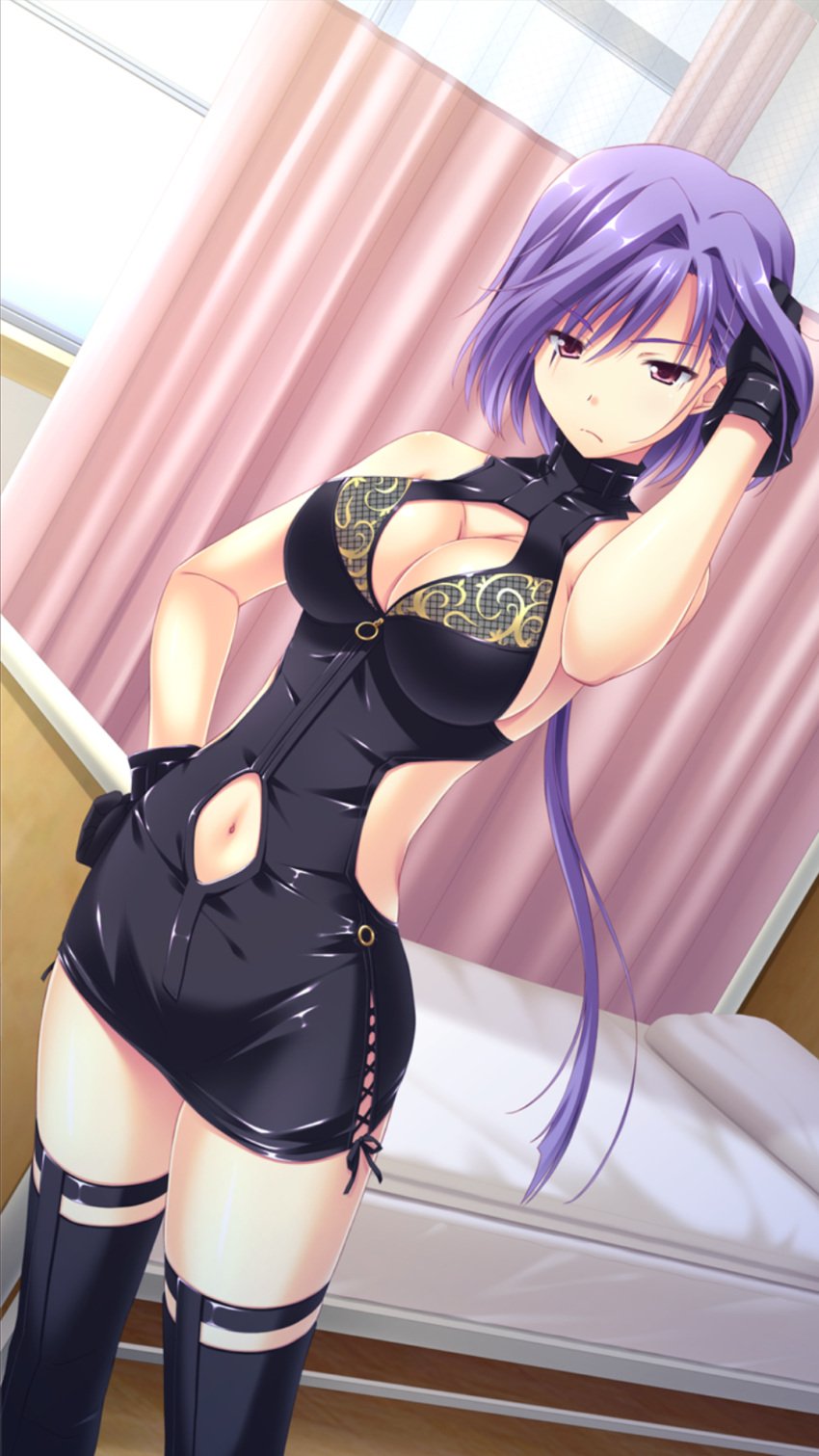 1girls bed big_breasts boots breasts cleavage cleavage_cutout clothing_cutout female game_cg gloves gouji_sakura hand_on_hip hatsujou_switch hospital_bed large_breasts midriff_peek navel navel_cutout purple_hair red_eyes short_skirt sideboob solo stockings tamahiyo thigh_boots thighhighs tight_clothing tight_fit