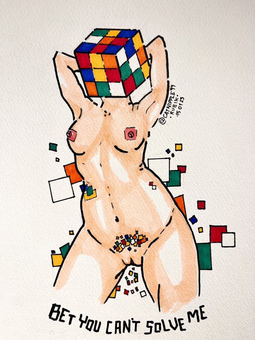 1girls catnipple99 geometric_shapes inanimate inanimate_object object_head pinup pussy rubik's_cube solo solo_female text unusual_nipples unusual_pubes