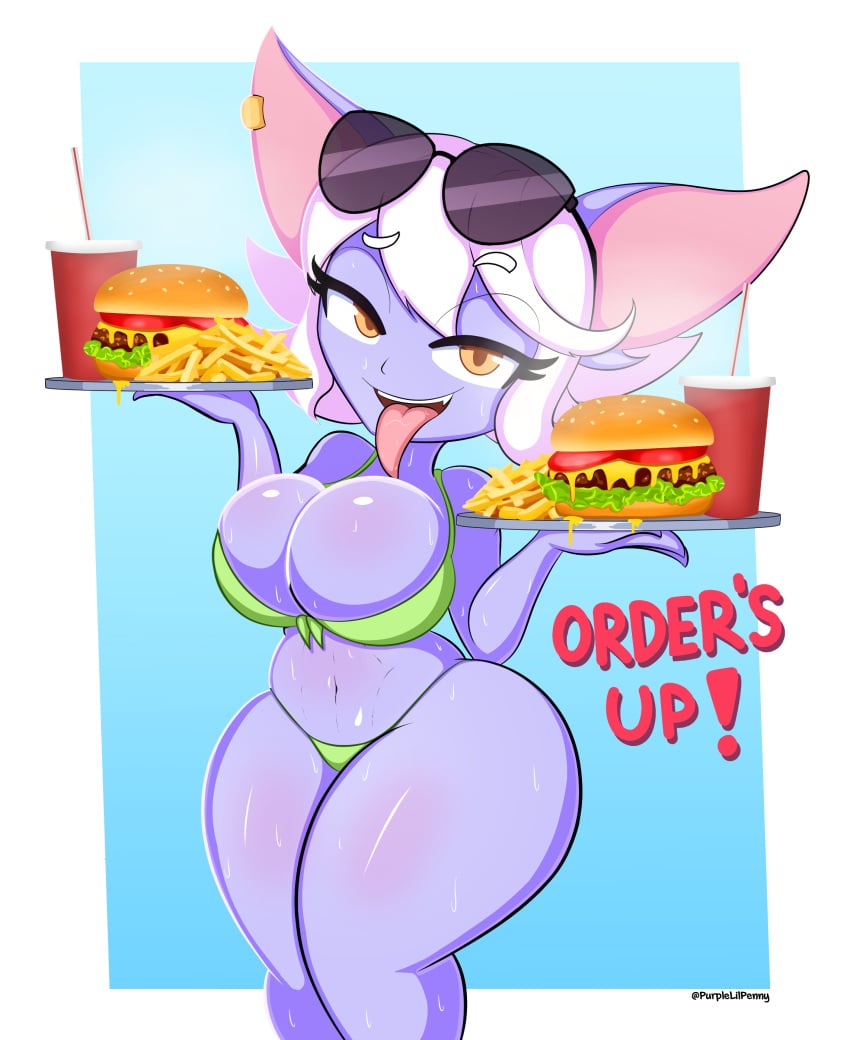 eyewear_on_head food french_fries hamburger huge_ass huge_breasts league_of_legends naughty_face open_mouth purplelilpenny riot_games shortstack sunglasses sunglasses_on_head thick_thighs tongue_out tristana voluptuous waiter waitress white_hair yordle