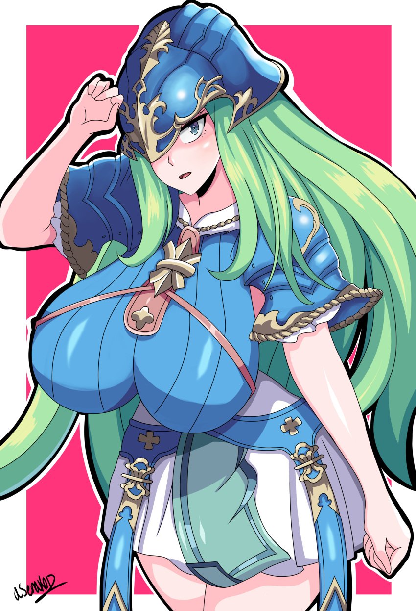 1girls alternate_breast_size big_breasts blue_eyes blush breasts female female_only fire_emblem fire_emblem:_path_of_radiance fire_emblem:_radiant_dawn green_eyes green_hair helmet huge_breasts large_breasts long_hair looking_at_viewer nephenee_(fire_emblem) nintendo open_mouth pelvic_curtain senak012 solo thick_thighs very_long_hair