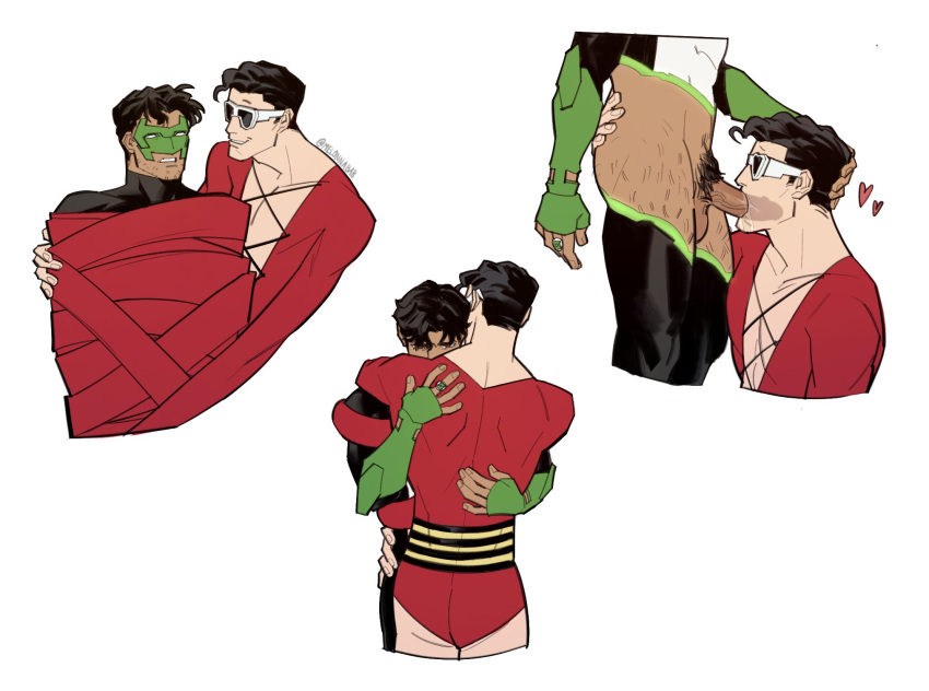 blowjob blowjob_face bondage dc gay gay_sex green_lantern heart kyle_rayner male male_only masked melonnabab muscles muscular muscular_male oral oral_sex pants_down patrick_o'brian penis_in_mouth plastic_man superhero tied_up