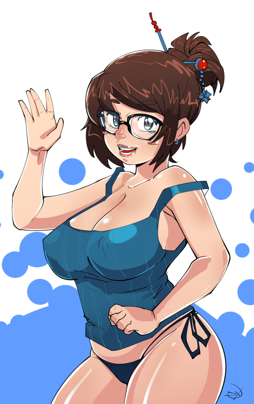 1girls 2d bikini_bottom blizzard_entertainment brown_eyes brown_hair cleavage delux earrings female glasses hair_bun large_breasts looking_at_viewer mei_(overwatch) nipple_bulge overwatch smile solo tank_top waving waving_at_viewer