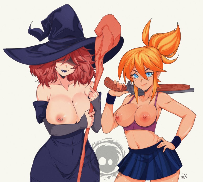 2girls alternate_version_available bare_shoulders blue_eyes breasts_out cordelia_(dead_estate)_(cosplay) cosplay crop_top crossover_cosplay dead_estate delux dress eyeless female female_only freckles gardnerverse hand_on_hip hat jules_(dead_estate)_(cosplay) large_breasts lipstick looking_at_viewer marty_gardner multiple_girls navel nipple_piercing nipples ponytail red_hair sam_gardner shotgun skirt smile staff tank_top white_background witch witch_hat