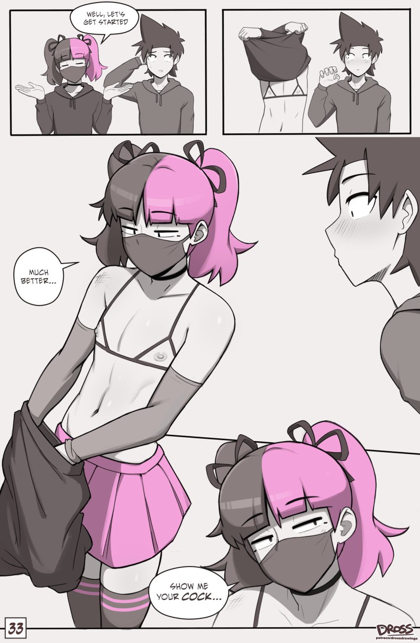 2boys blush blushing clothed clothing comic crossdressing dross english_text femboy high_resolution jacob_(dross) male_only multicolored_hair multiple_boys nipples original pink_hair skater_boi_(dross) skirt taylor_(dross) text thighhighs twink