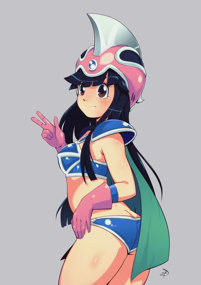 1girls ass ass_cleavage black_hair brown_eyes butt_crack cape chichi chichi's_armor chichi's_helmet clothed delux dragon_ball dragon_ball_(classic) dragonball female gloves helmet long_hair looking_back pinup plain_background skimpy smile solo