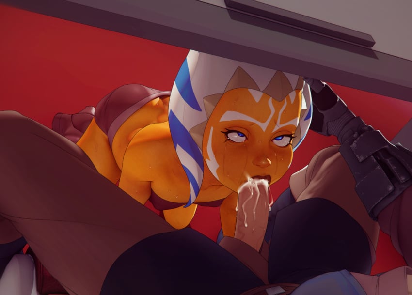 1boy 1girls ahsoka_tano alien alien_girl athletic_female blowjob blue_eyes breasts cum cum_in_mouth digital_media_(artwork) duo facial_markings fellatio fellatio_under_table female human human_penetrating john_doe john_doe(artist) kneeling light-skinned_male lips long_hair male oral orange_body orange_skin penis skirt small_breasts star_wars sucking teen teenager the_clone_wars:_season_one togruta under_the_table unseen_male_face