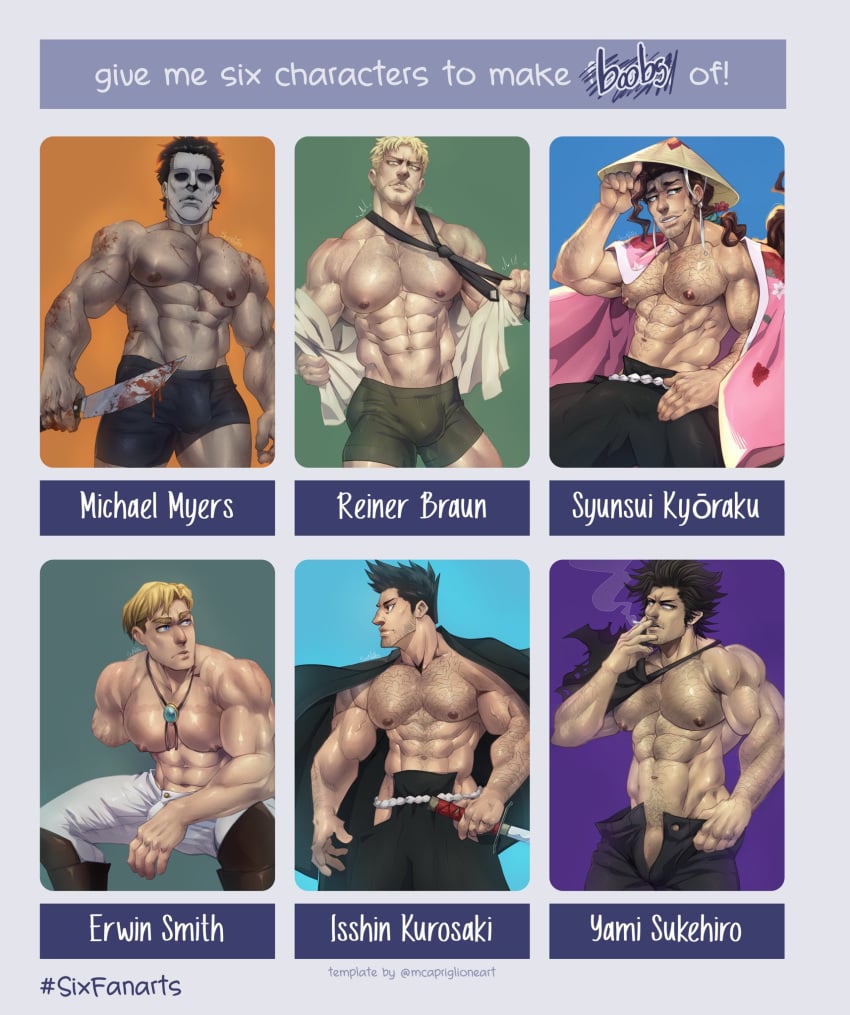 6boys attack_on_titan black_clover bleach crossover erwin_smith gay halloween isshin_kurosaki kurosaki_isshin kyoraku_shunsui kyouraku_shunsui male male_only males_only michael_myers reiner_braun soynutts yami_sukehiro