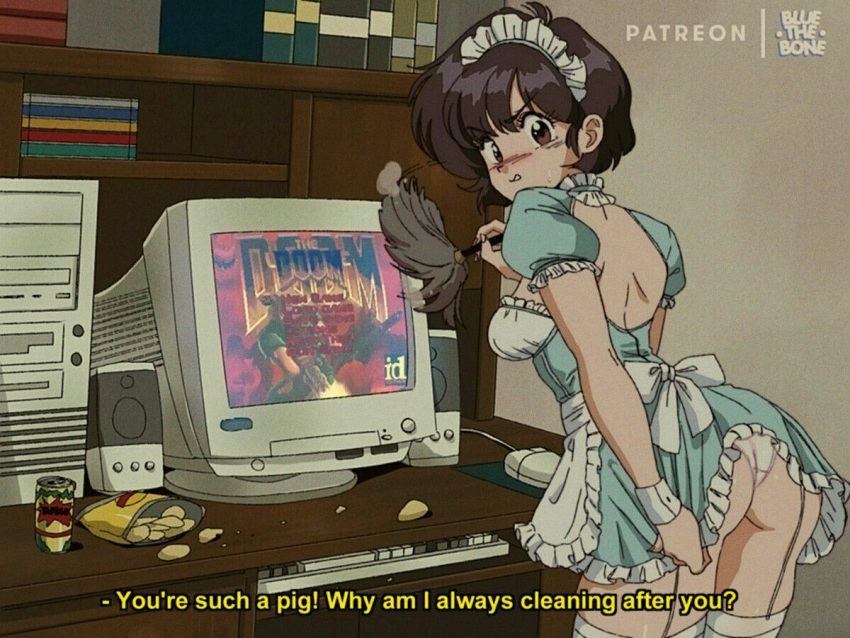 1girls 90's_theme angry annoyed artist_self-insert bluethebone bluethebone_(character) blush breasts brown_eyes brown_hair butt cleaning clenched_teeth computer computer_keyboard computer_mouse computer_screen doom embarrassed feather_duster female female_only garter_straps looking_at_viewer looking_back maid maid_apron maid_headdress maid_outfit maid_uniform panties pc potato_chips retro_artstyle servant short_hair short_skirt soda solo subtitled sweatdrop text thighhighs thighs upskirt white_panties