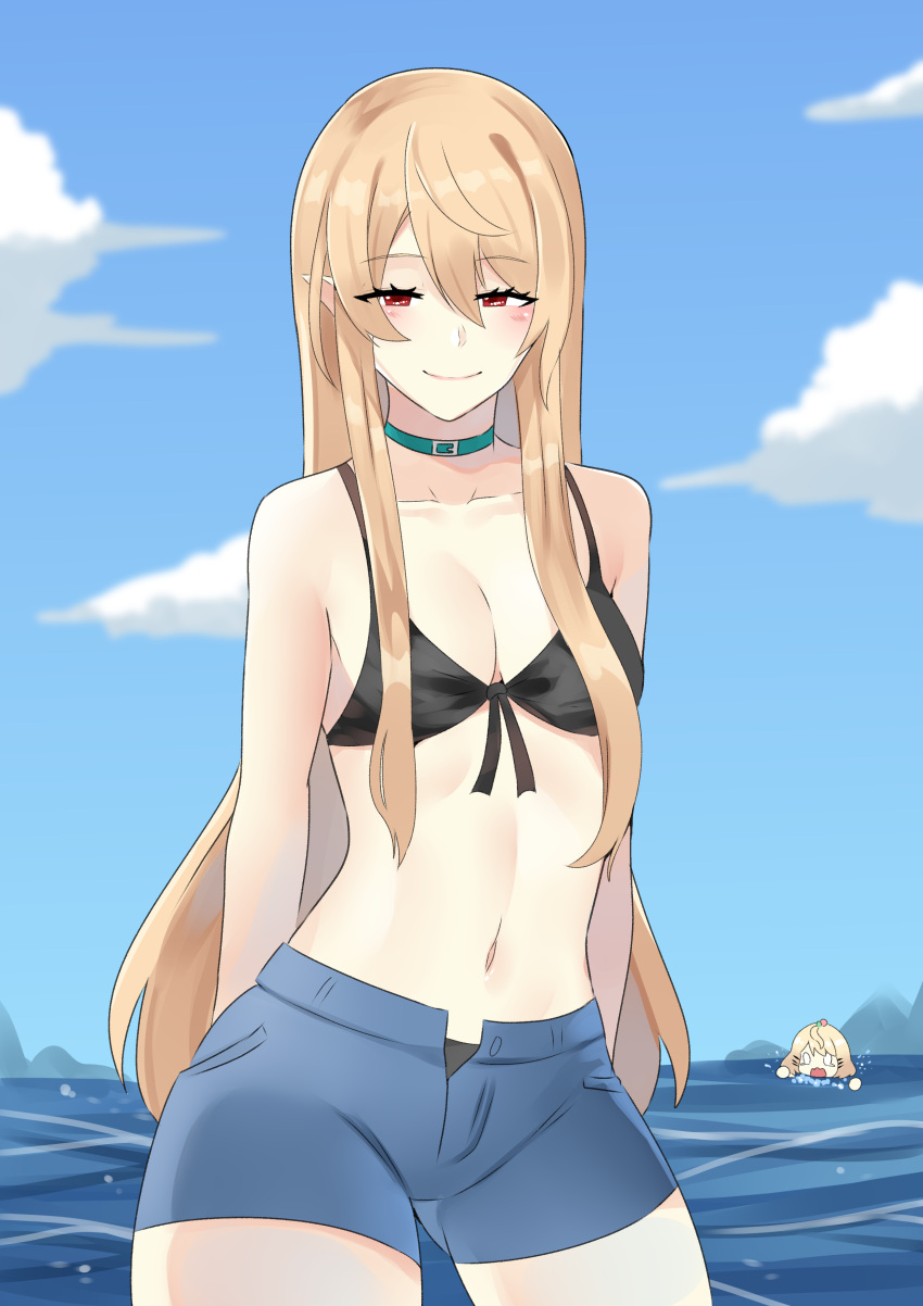 2girls bare_midriff bare_shoulders belly_button belt_collar bikini_top black_bra blonde blonde_hair blush choker cleavage clouds drowning drowning_in_background exposed_midriff exposed_shoulders exposed_torso female female_only kuroe_prime kuroeart light_blush long_hair looking_at_viewer midriff millie_parfait navel nijisanji nijisanji_en pomu_rainpuff red_eyes sea short_shorts shorts sky unbuttoned unbuttoned_shorts very_long_hair virtual_youtuber water yellow_hair