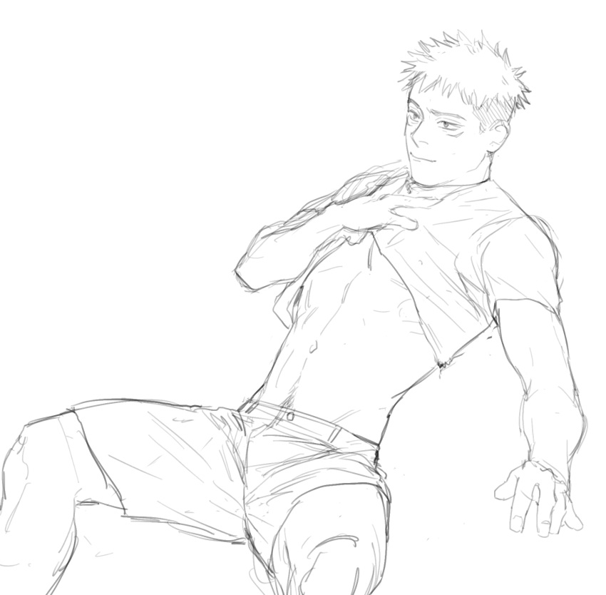 abs happy_trail itadori_yuuji jujutsu_kaisen male male_only monochrome pecs shirt_lift shirt_up shourai_kun sitting sketch solo solo_male