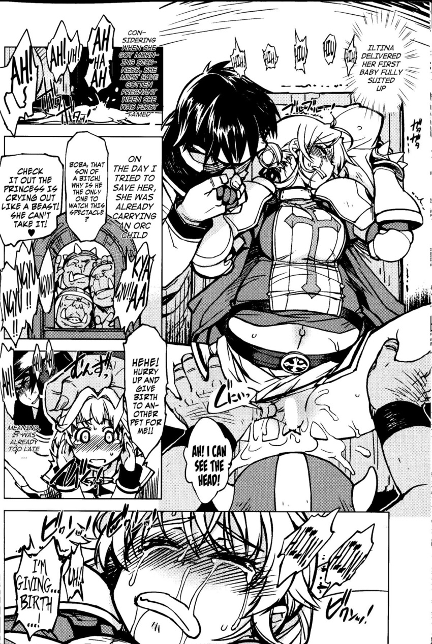 2girls 5boys armor armored_dress belly big_breasts birthing boba_the_orc_(hime_kishi_tame) censor_bar censored couple couple_love doujinshi embarrassed english_text fat_man female girls_love_orc grabbing grabbing_head happy happy_trail hime_kishi_tame holding_hands iltina_dana_strict_(hime_kishi_tame) legs_apart licking_fingers loser lovers male miniskirt monochrome orc orc_male pathetic_male plump pointless_censoring pregnant pushing_breasts_together pussy ragnarok_online smile speech_bubble spread_pussy stockings sweat tears thick_thighs translation_request useless_mc xration