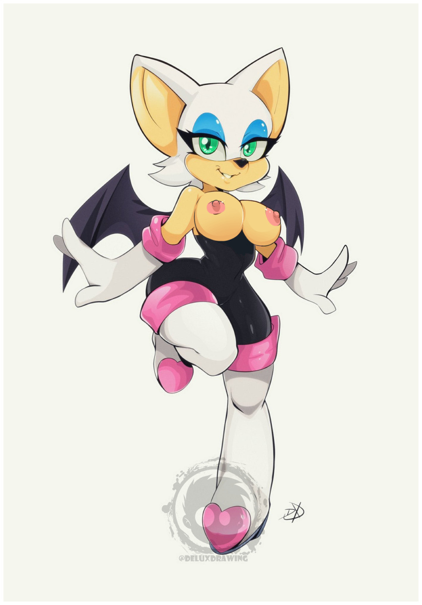 1girls anthro bat bat_wings big_ears breasts breasts_out clothed delux eyeshadow female gloves green_eyes looking_at_viewer nipples rouge_the_bat sega skin_tight smile solo sonic_(series) white_background wide_hips wings