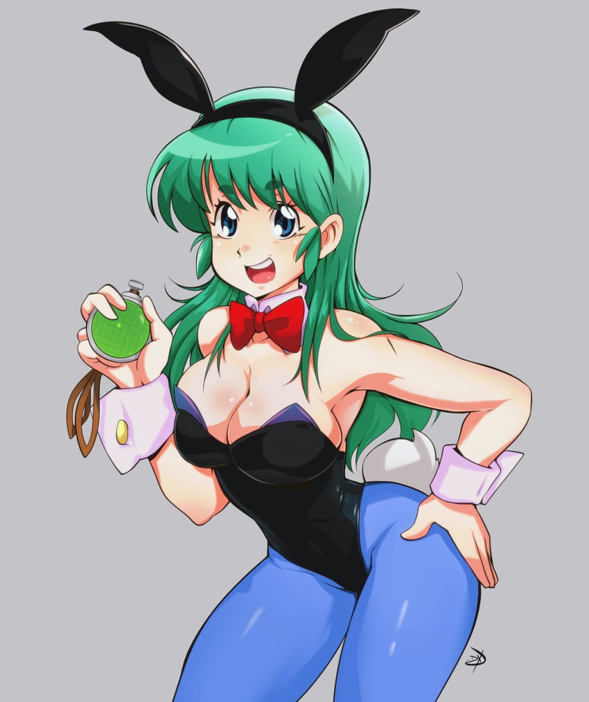 1girls blue_eyes bowtie bulma bulma_(bunny) bulma_briefs bunny_ears bunny_tail bunnysuit cleavage clothed cuffs delux dragon_ball dragon_ball_(classic) dragon_radar female green_hair large_breasts long_hair looking_at_viewer open_mouth plain_background smile solo teenage_bulma teenage_girl teenager