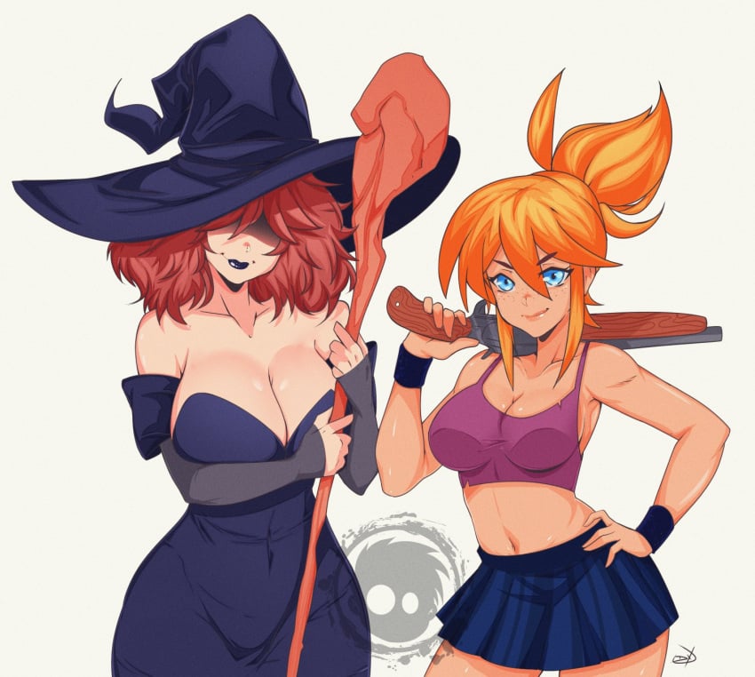 2girls alternate_version_available bare_shoulders blue_eyes cleavage cordelia_(dead_estate)_(cosplay) cosplay crop_top crossover_cosplay dead_estate delux dress eyeless female female_only freckles gardnerverse hand_on_hip hat jules_(dead_estate)_(cosplay) large_breasts lipstick looking_at_viewer marty_gardner navel red_hair sam_gardner shotgun skirt smile staff tank_top white_background witch witch_hat