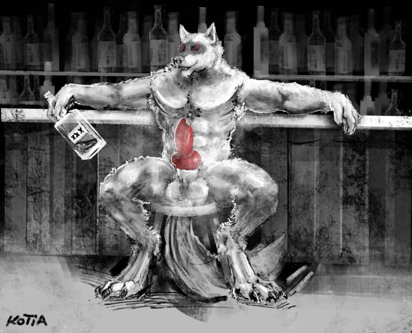 alcohol animal_genitalia animal_penis anthro armpit_hair balls beverage bodily_fluids body_hair canid canine canine_genitalia canine_penis canis claws container death_(puss_in_boots) digital_media_(artwork) domestic_dog dreamworks erection fur genitals grey_body grey_fur hi_res knot kotia looking_at_viewer male male_only mammal muscular muscular_male musk musk_clouds nude paws pecs penis pubes puss_in_boots:_the_last_wish puss_in_boots_(film) puss_in_boots_(franchise) red_eyes sheath shrek_(series) smile solo sweat universal_pictures universal_studios wolf