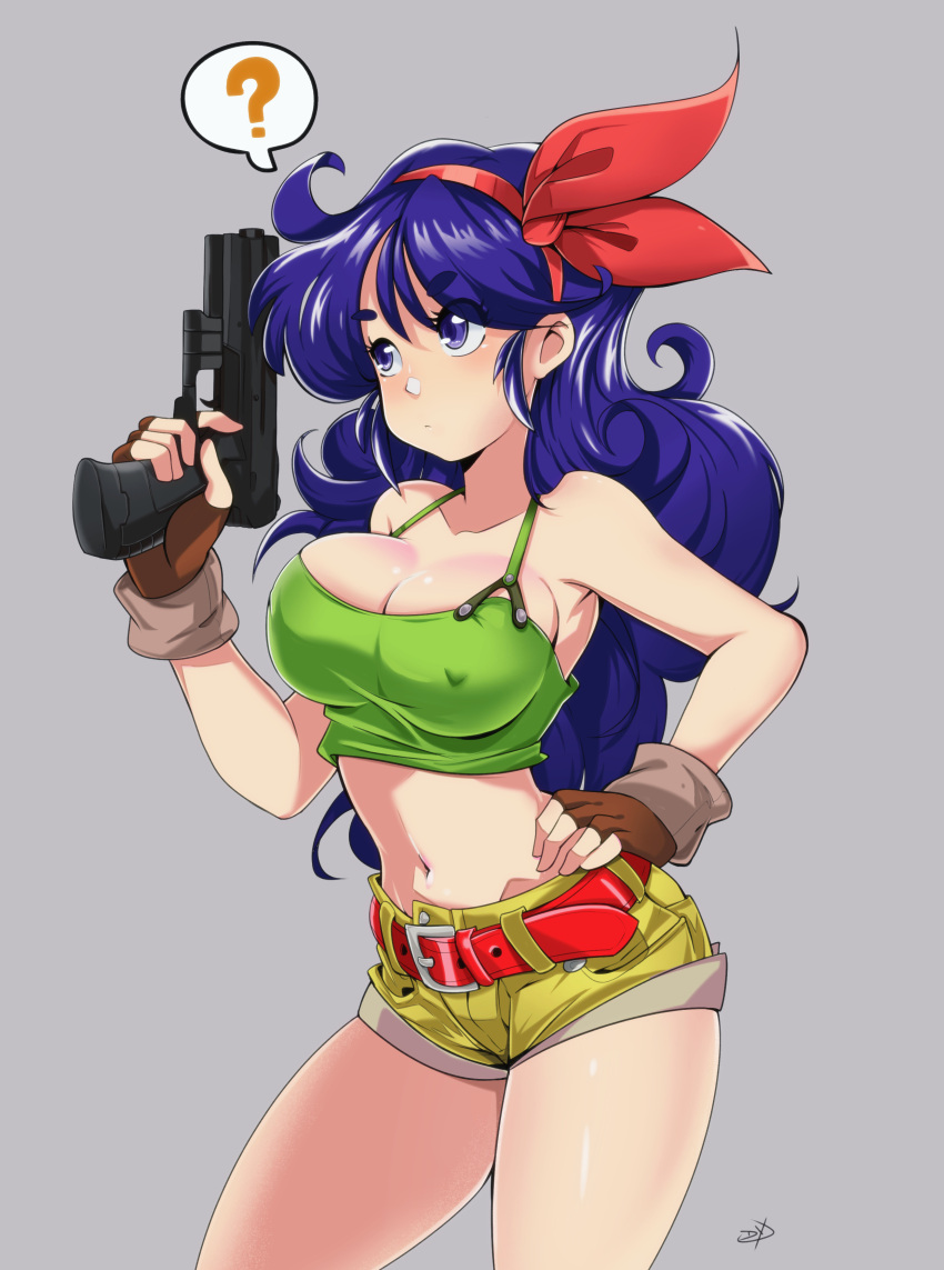 1girls ? belt blue_eyes blue_hair breasts cleavage clothed crop_top delux dragon_ball female fingerless_gloves good_launch gun hair_ribbon hand_on_hip hot_pants large_breasts launch long_hair navel nipple_bulge pistol short_shorts shorts skimpy solo speech_bubble tank_top