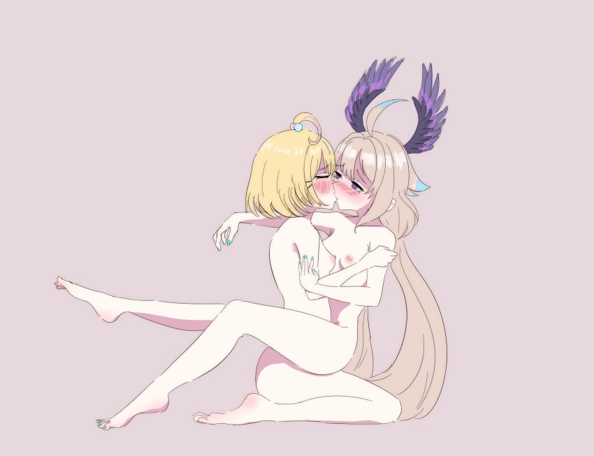 2girls ahoge barefoot blonde_hair blue_hair blush breasts closed_eyes completely_naked completely_naked_female completely_nude completely_nude_female cream_hair duo duo_female duo_focus enna_alouette female_only grabbing_arm hair_accessory hair_wings hairclip head_wings heavy_blush hi_res highres intimate kissing lesbian_kiss long_hair long_twintails millie_parfait mouth_to_mouth multiple_girls naked naked_female nijisanji nijisanji_en nude nude_female purple_eyes sero4308 short_hair side_view sideboob small_breasts twintails virtual_youtuber white_hair yellow_hair yuri