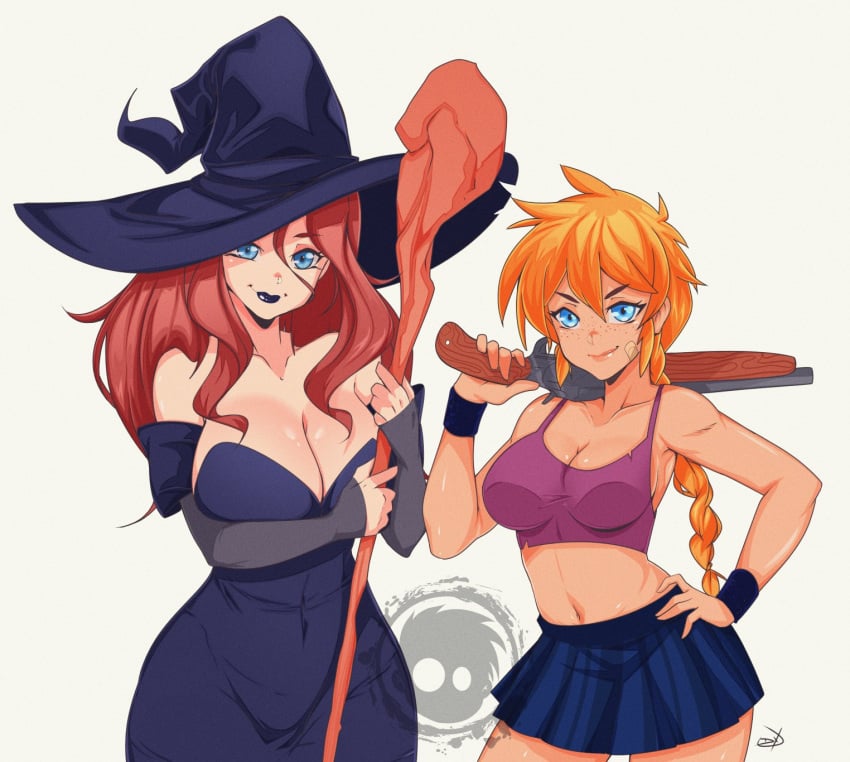 2girls alternate_version_available bare_shoulders blue_eyes cleavage cordelia_(dead_estate)_(cosplay) cosplay crop_top crossover_cosplay dead_estate delux dress female female_only freckles gardnerverse hand_on_hip hat jules_(dead_estate)_(cosplay) large_breasts lipstick looking_at_viewer marty_gardner navel red_hair sam_gardner shotgun skirt smile staff tank_top white_background witch witch_hat