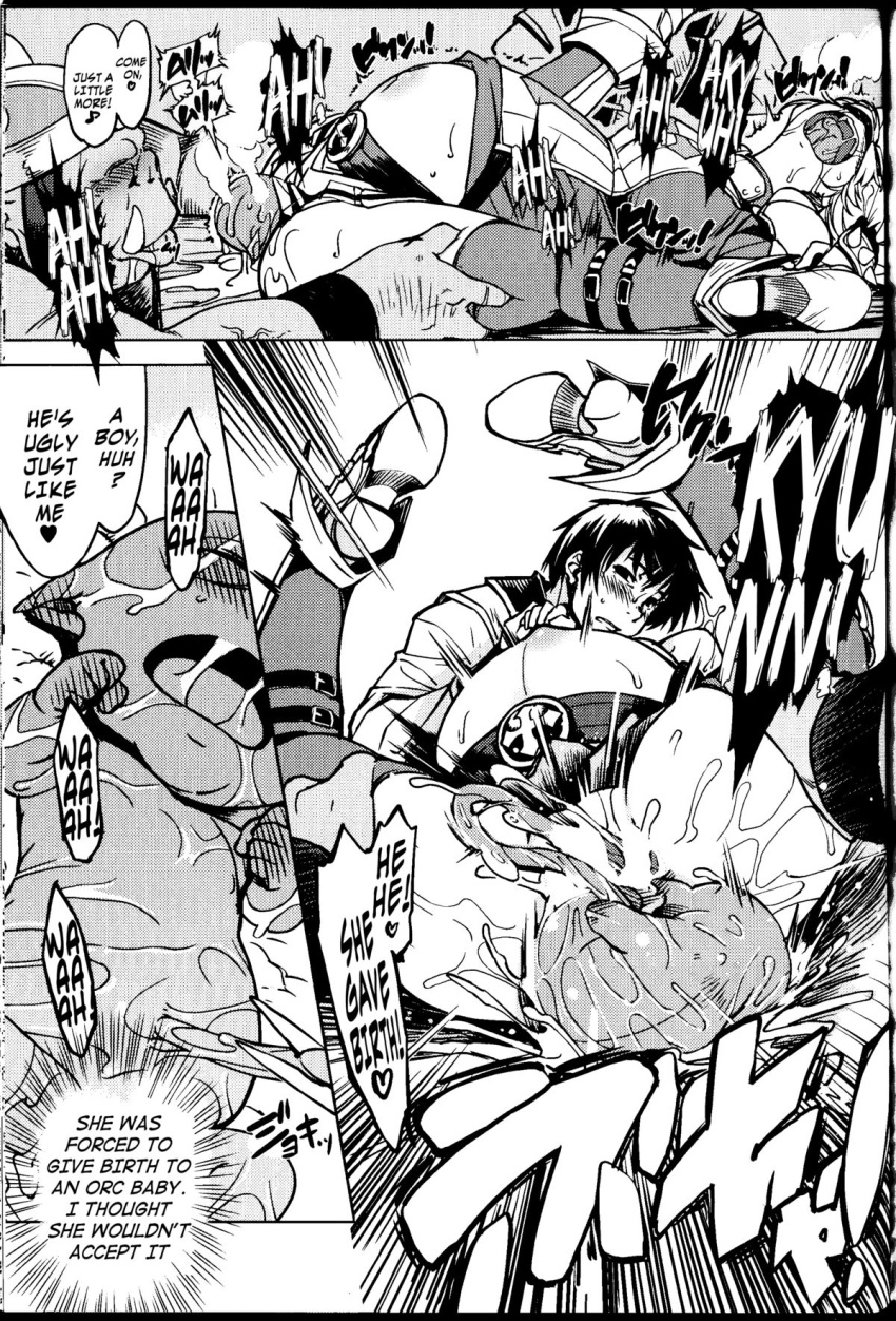 1girls 2boys armored_boots ass baby belly big_breasts birthing boba_the_orc_(hime_kishi_tame) censor_bar censored couple couple_love doujinshi english_text fat_man female girls_love_orc grabbing happy happy_trail hime_kishi_tame iltina_dana_strict_(hime_kishi_tame) legs_apart loser lovers male miniskirt monochrome orc orc_male pathetic_male plump pointless_censoring pregnant pussy ragnarok_online saliva screaming speech_bubble stockings sweat tears thick_thighs tongue_out translation_request useless_mc xration