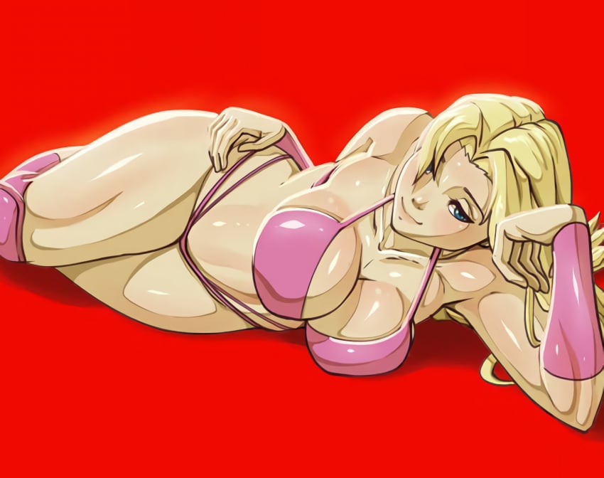 1girls arm_support big_breasts bikini blonde_hair blue_eyes busty child_bearing_hips cleavage confident goddo15 large_breasts legs looking_at_viewer ose pink_bikini posing seductive seductive_smile sensual smile thick_thighs thighs thong_bikini voluptuous