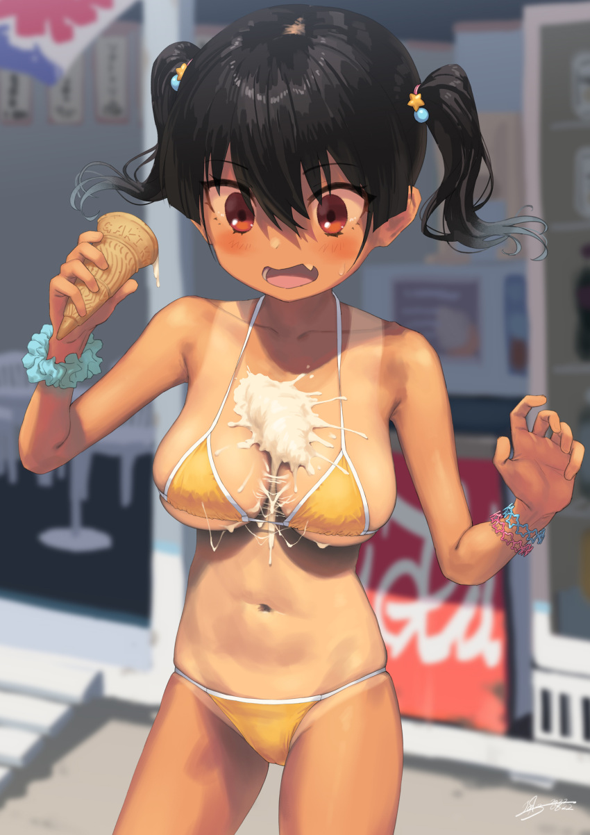 1girls 2d accident bangs big_breasts bikini black_hair blue_scrunchie blurry blurry_background blush bracelet breasts breasts_apart cameltoe chair collarbone cowboy_shot cute_fang day depth_of_field dripping female food food_on_body food_on_breasts gaki_kyonyuu groin hair_between_eyes hair_ornament halterneck hands_up highres holding holding_food ice_cream ice_cream_cone ice_cream_cone_spill jewelry kaedeko_(kaedelic) kanna_sasaki_(kaedeko) large_breasts looking_down navel one-piece_tan open_mouth outdoors red_eyes scrunchie sexually_suggestive short_hair short_twintails shortstack sideboob signature solo solo_female spill standing star_(symbol) star_hair_ornament storefront strap_gap string_bikini suggestive_fluid surprised sweatdrop swimsuit table tan tanlines thighs twintails underboob wide-eyed wrist_scrunchie yellow_bikini