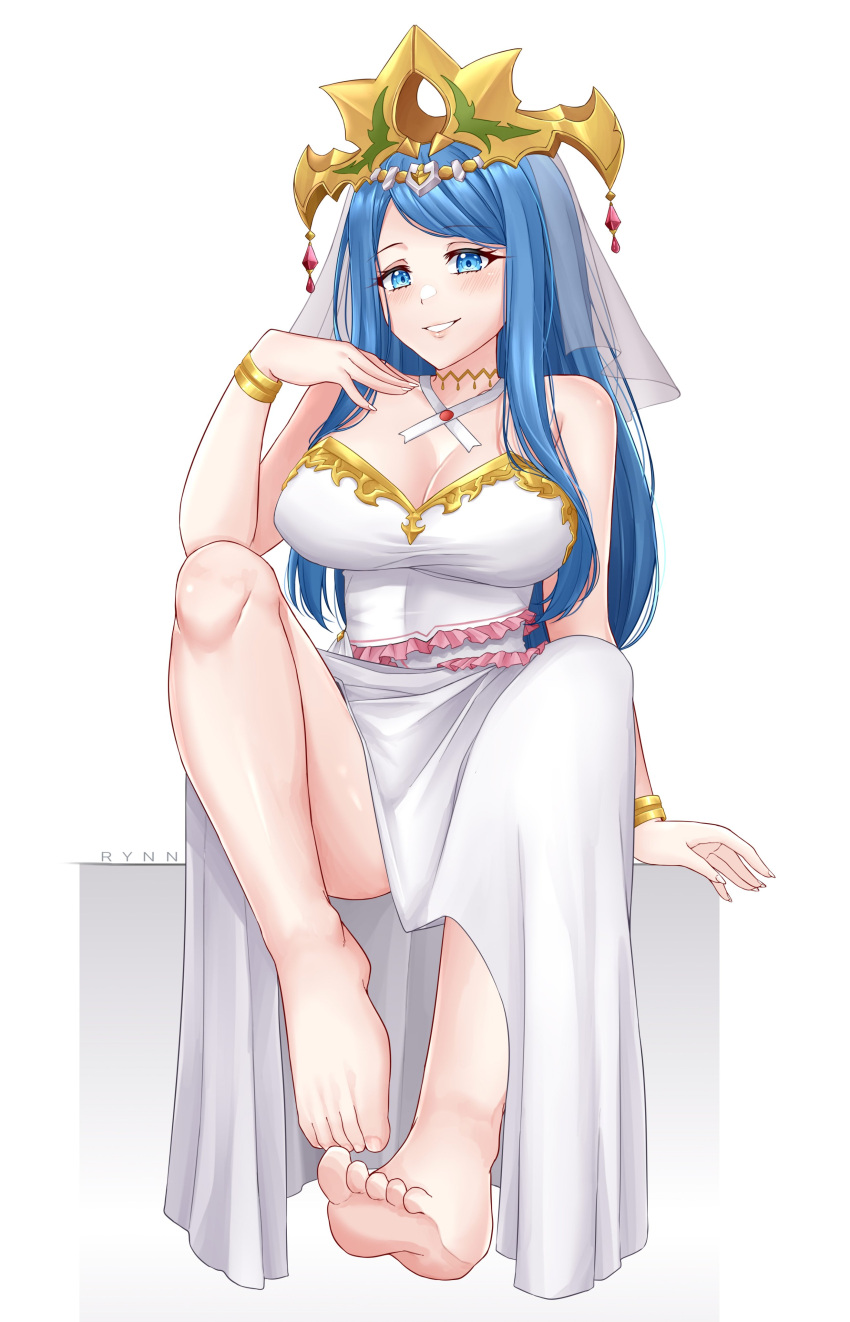 1girls absurdres barefoot blue_eyes blue_hair bracelet crown dress feet fire_emblem fire_emblem_engage foot_focus hair_ornament highres jewelry long_hair looking_at_viewer lumera_(fire_emblem) nintendo rynn_(darknescorez) simple_background sitting smile solo teeth watermark white_background white_dress