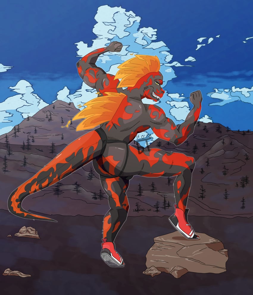 absurd_res anthro ass back_muscles biceps black_body briefthief clothed clothing cloudscape detailed_background dinosaur fire flaming_hair footwear fossil_fighters furgonomic_underwear furgonomics grey_body hi_res jockstrap looking_back male markings mountain muscular muscular_anthro muscular_male muscular_thighs open_toe_footwear orange_body orange_markings presenting presenting_hindquarters pseudo_hair red_body red_markings reptile rock scalie shoes shoes_on sky solo t-rex_(fossil_fighters) tail theropod tyrannosaurid tyrannosaurus tyrannosaurus_rex underwear volcano yellow_eyes