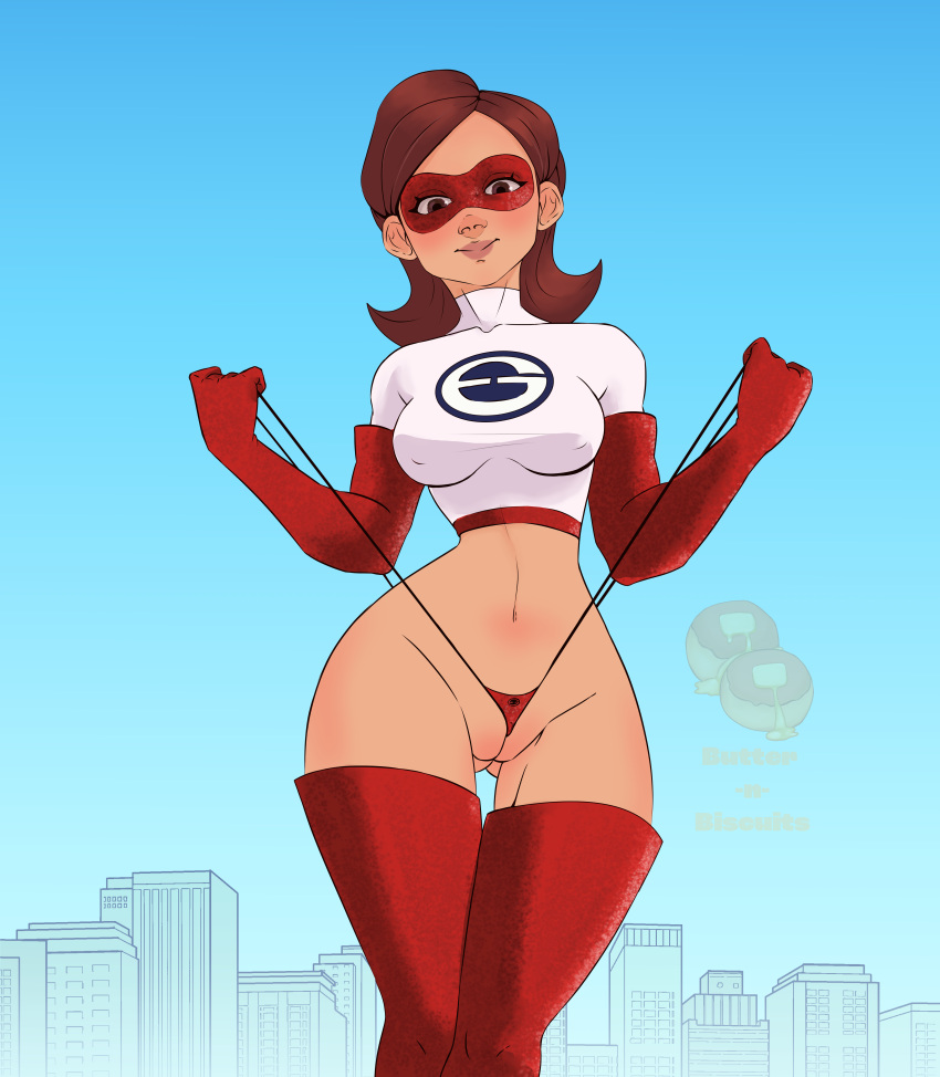 1girls alternate_costume boots brown_hair butter-n-biscuits disney elastigirl elastigirl_(original_supersuit) elbow_gloves female female_only gloves helen_parr mask mask_on_head masked masked_female milf pixar pulling_panties pulling_thong pussy_floss red_boots red_gloves red_mask sapsavana short_hair smooth_skin the_incredibles thick_thighs thigh_boots thigh_gap thong thong_pull