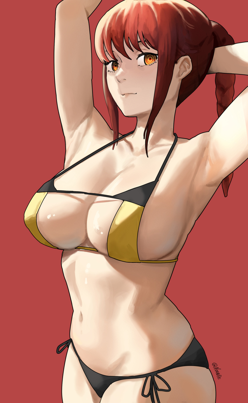 1girls alternate_hairstyle armpits big_breasts bikini breasts busty chainsaw_man eye_contact female female_only large_breasts looking_at_viewer makima_(chainsaw_man) noras ponytail red_background red_hair smile solo upper_body