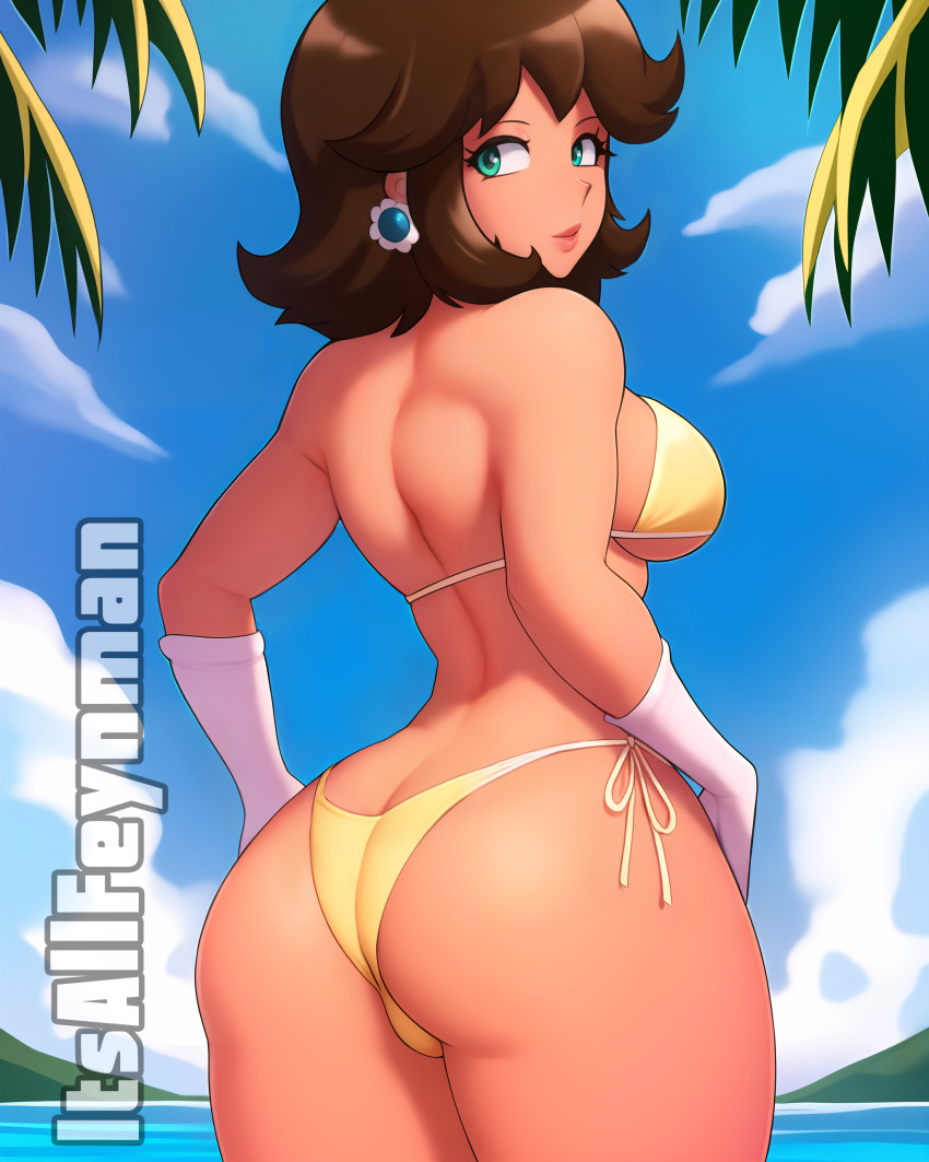 1girls aqua_eyes ass ass_focus beach bikini bikini_bottom bikini_top blue_eyes brown_hair cameltoe cyan_eyes female female_only flower_earrings green_eyes itsallfeynman lips looking_at_viewer looking_back mario_(series) medium_breasts medium_hair nintendo outdoors pinup princess princess_daisy pussy_bulge royalty short_hair solo standing swimsuit thick_thighs white_gloves wide_hips yellow_bikini