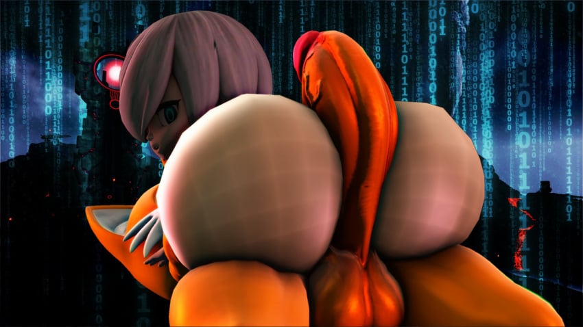 1boy 1girls 3d 4k big_ass big_balls big_cock big_penis binary_code blue_eyes chaos_island erect_penis female looking_at_penis looking_back male miles_prower nude orange_body penis sage_(sonic_frontiers) sega sfm shortstack sitting_on_person sloth_bones(artist) sonic_(series) sonic_frontiers sonic_the_hedgehog_(series) source_filmmaker tails tails_the_fox white_body white_hair