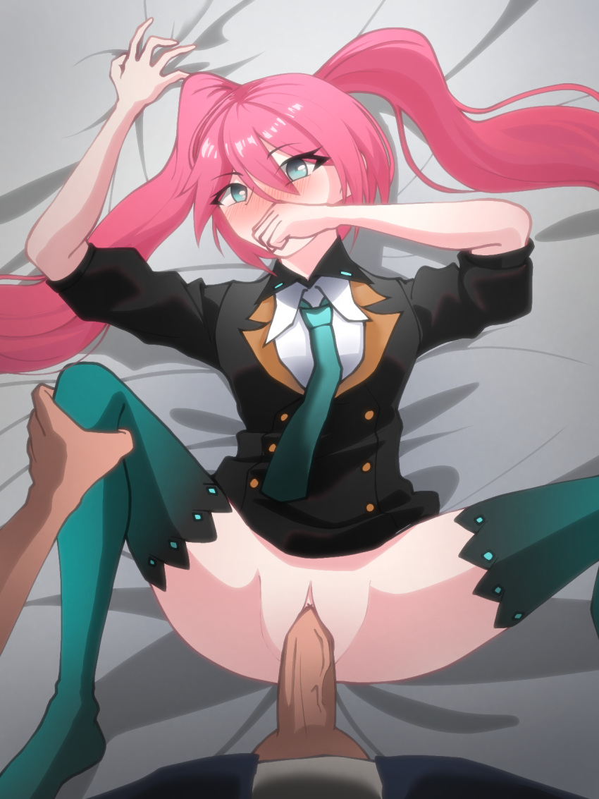 1boy 1girls blue_eyes blush blushed clothed clothed_sex covering_mouth layla_(mobile_legends) mobile_legends mobile_legends:_bang_bang mouth_covered pink_hair pov twintails uncensored vaginal_penetration