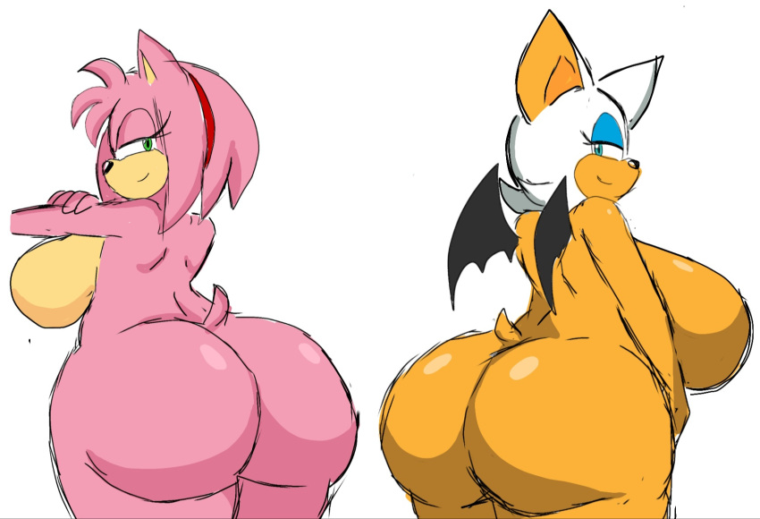 2d 2girls amy_rose anthro big_ass big_breasts big_butt big_thighs bubble_butt fur furry huge_ass huge_breasts huge_butt looking_at_viewer looking_back looking_back_at_viewer mobian mobian_(species) mobian_bat momiji_(artist) rouge_the_bat sega sonic_(series) sonic_adventure_2 sonic_team sonic_the_hedgehog_(series) thick_thighs