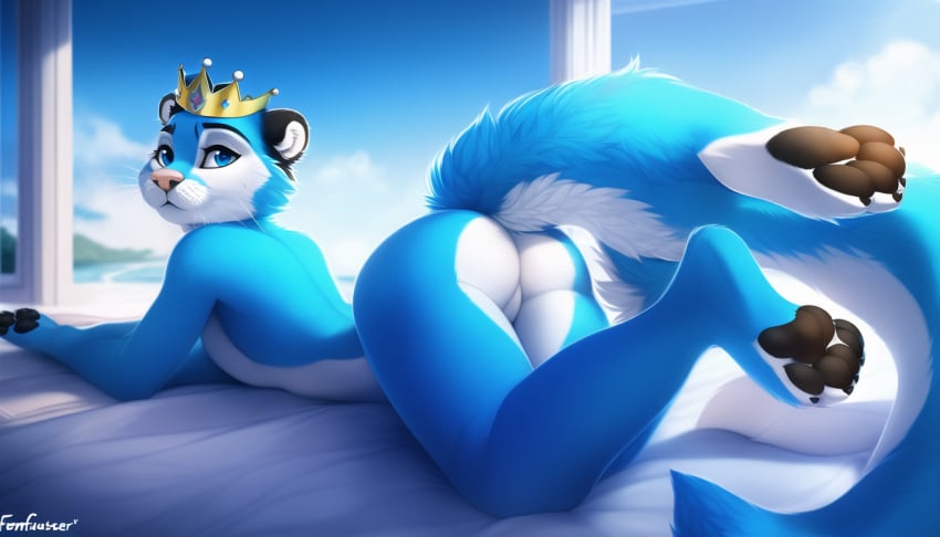 ai_generated anthro ass awtter blue_eyes blue_fur boltzq boltzq_(awtter) crown curvy_hips cute femboy otter pawpads paws tagme