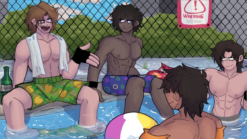 4boys abs beach_ball black_hair bonnie_masked_bully bottle bracelet brown_hair chica_masked_bully company_name dark-skinned_male dark_skin doritos fingerless_gloves five_nights_at_freddy's five_nights_at_freddy's_4 foxy_bro freddy_masked_bully fredrick_(fnaf) fritz_smith gay jeremy_fitzgerald light-skinned_male light_skin male male_nipples male_only mark_(fnaf) michael_afton mixanprixa nipples pecs pool shirtless shirtless_male short_hair simon_(fnaf) smile smiling smiling_at_each_other tan_body tan_skin tan_skinned_male tanned_skin teen teen_boy teenager top_surgery_scars towel towel_around_neck trunks_(clothing) water