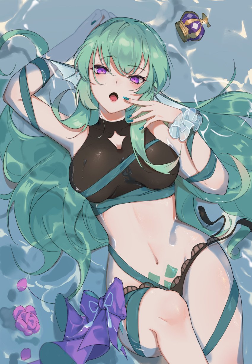 1girls bare_midriff belly_button big_breasts boob_window crown crown_removed exposed_torso finana_ryugu fish_girl green_hair head_fins laying_down looking_at_viewer medium_breasts midriff navel nijisanji nijisanji_en one_arm_behind_head partially_submerged purple_eyes ribbon rour_yutsiki rourlzy soft_breasts solo solo_female solo_focus tight_clothing tight_fit virtual_youtuber water wristwear