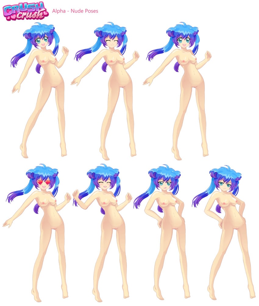 accurate_art_style alpha_(crush_crush) blue_hair breasts completely_nude completely_nude_female crush_crush different_poses facial_expressions female female_only sad_panda_studios smile