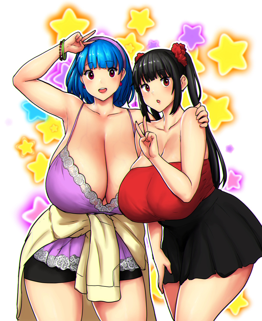 2girls :o absurdres arm_around_shoulder arm_up bakunyuu bangs bare_shoulders black_hair black_hair_female black_shorts black_skirt blue_hair blue_hair_female blunt_bangs body_outline bracelet breasts breasts_bigger_than_head breasts_bigger_than_torso busty camisole candy_blue_hair cleavage clothes_around_waist collarbone colorful_background cowboy_shot curvaceous deep_cleavage earrings enormous_breasts erkaz erkaz_(artist) erkazooya errorkazoo eyebrows_visible_through_hair female_only full_cleavage gesture gigantic_breasts hair_ornament hair_scrunchie hairband hand_gesture hand_on_hip hand_up happy hi_res high_resolution highres hourglass_figure huge_breasts huge_cleavage jewelry lace-trimmed_shirt lace_trim long_hair long_hair_female long_skirt looking_at_viewer massive_breasts multiple_females multiple_girls nightie open_mouth original original_characters outline peace_sign purple_camisole purple_clothing purple_hair_ornament purple_hairband purple_nightie purple_shirt red_earrings red_eyes red_eyes_female red_hair_ornament red_scrunchie red_topwear red_tube_top rina_atherina rina_atherina_(errorkazoo) round_eyes scrunchie shirt_around_waist shirt_tied_around_waist short_blue_hair short_hair short_hair_female shorts skirt spaghetti_strap standing star_(symbol) starry_background stars strapless strapless_top strapless_topwear stud_earrings sweater sweater_around_waist top_heavy_breasts tube_top twintails v v_sign veins veiny_breasts voluptuous voluptuous_female white_outline yukihana_(errorkazoo)