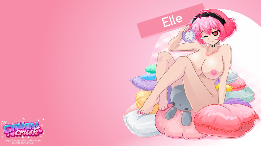 1girls accurate_art_style big_breasts breasts clock completely_nude_female crush_crush elle_(crush_crush) female pillows sad_panda_studios solo_female tear wallpaper