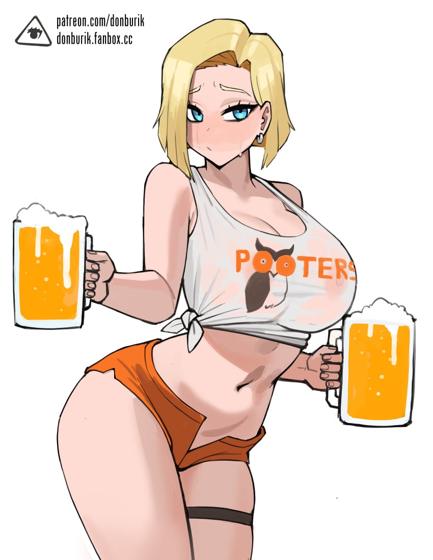 1girls android_18 big_breasts blonde_hair blue_eyes blush breasts donburikazoku dragon_ball dragon_ball_z female female_only hooters huge_breasts minishorts short_hair shorts solo standing thighs