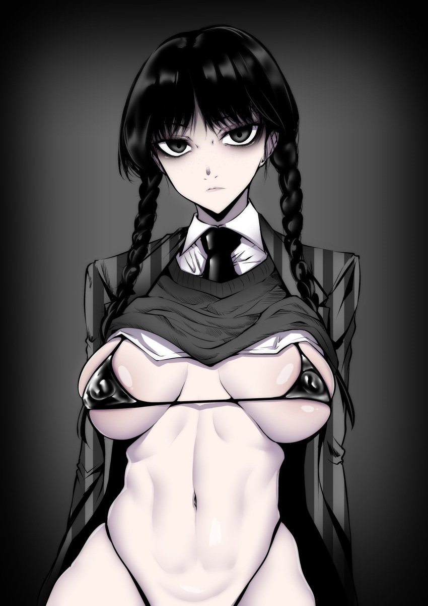 1girls belly belly_button big_breasts bikini black_eyes black_hair braided_hair breasts closed_mouth female female_focus female_only gggg goth goth_girl grey_background hi_res long_hair looking_at_viewer micro_bikini only_female pale-skinned_female pale_skin shiny_hair shiny_skin shirt_up shkny simple_background solo solo_female solo_focus stomach tagme the_addams_family tie twintails wednesday_addams