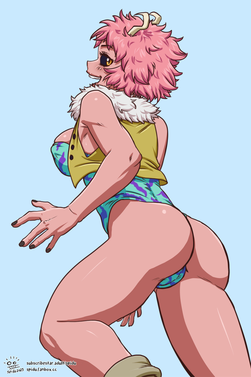 1girls ass black_sclera breasts eye_contact female female_focus female_only hero_outfit_(mha) horns leotard looking_at_viewer looking_back mina_ashido my_hero_academia pink_hair pink_skin short_hair solo spidu thick_thighs thighs yellow_eyes