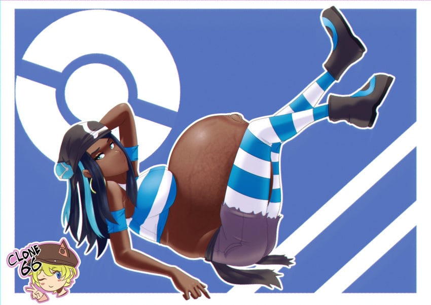 1girls belly big_belly big_breasts black_hair blue_eyes blue_highlights blue_theme breasts clone66 dark-skinned_female dark_skin earrings female game_freak hoop_earrings large_breasts nessa_(pokemon) nintendo on_back outie_navel pokemon pokemon_ss pregnant ready_to_pop stretch_marks team_aqua team_aqua_grunt torpedo_belly veiny_belly