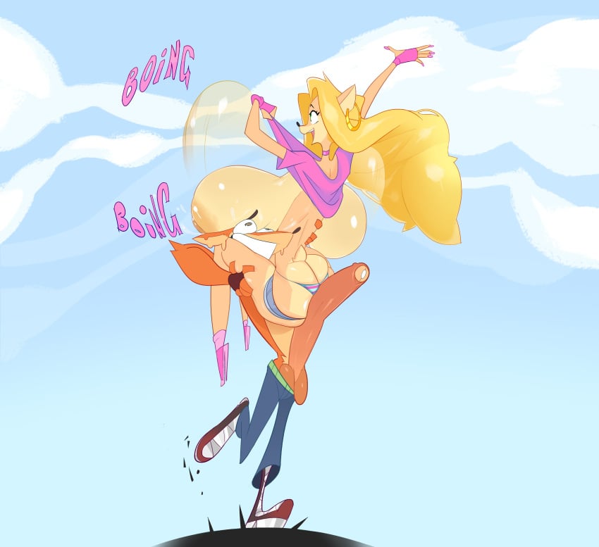 absurd_res activision anthro areola ass ass_cleavage balls bandicoot big_breasts big_butt big_penis blonde_hair bodily_fluids boob_hat bottomwear bouncing_breasts breasts butt_crack carrying_another carrying_partner clothed clothing crash_(series) crash_bandicoot duo ear_piercing ear_ring english_text erection female fingerless_gloves footwear genital_fluids genitals gloves green_eyes grey_eyes hair handwear hi_res high_heels huge_breasts huge_cock hyper_breasts male male/female mammal marsupial monstrousfrog motion_blur multicolored_body nipples onomatopoeia open_mouth panties pants penis piercing precum raised_clothing raised_shirt raised_topwear ring_piercing sagging_breasts shirt shoes shorts side_boob sound_effects tan_areola tan_body tan_nipples tawna_bandicoot text thong topwear two_tone_body underwear