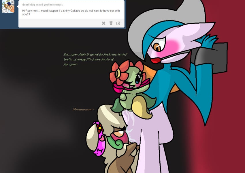 1boy 2girls bellossom gallade pokémon_(species) pokemon pokemon_(species) pokephilia whimsicott yoshimister