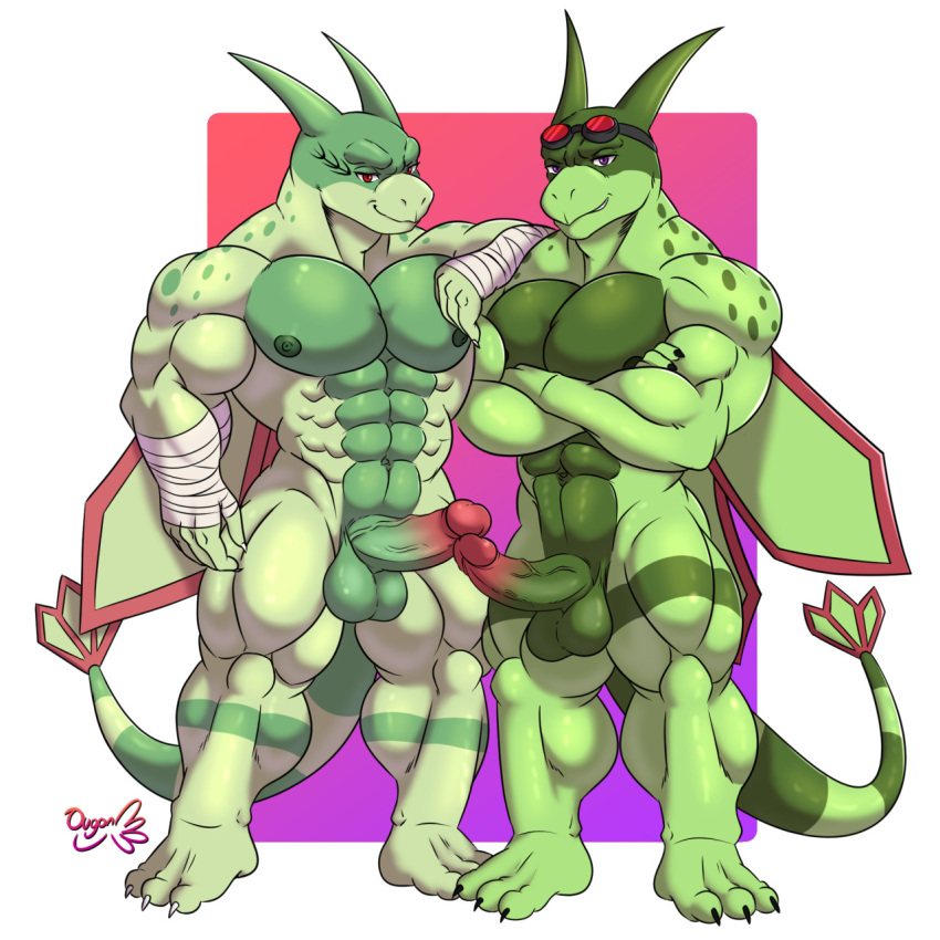 abs anthro anthrofied balls biceps big_muscles deltoids duo erection feet flygon generation_3_pokemon genitals hi_res humanoid_genitalia humanoid_hands male muscular muscular_anthro muscular_male nintendo nipples nude ougon pecs penis pokémon_(species) pokemon pokemon_(species) simple_background smile