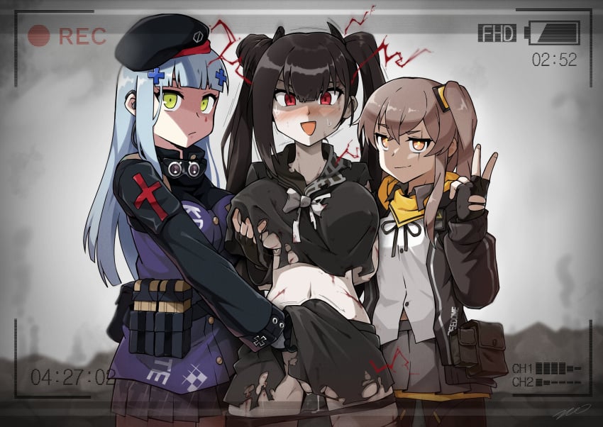 ammunition_pouch bangs beret black_hair black_serafuku blunt_bangs blush breasts brown_eyes brown_hair facial_mark girls'_frontline gloves green_eyes grey_hair groping hair_between_eyes hair_ornament hat highres hk416_(girls'_frontline) implied_futanari implied_handjob jacket kim_da-yoon long_hair looking_at_viewer multiple_girls one_side_up ouroboros_(girls'_frontline) philipposter pouch pussy_juice recording red_eyes scar scar_across_eye scar_on_face school_uniform serafuku shaded_face skirt smile teardrop thighhighs twintails ump45_(girls'_frontline) v very_long_hair viewfinder yellow_eyes