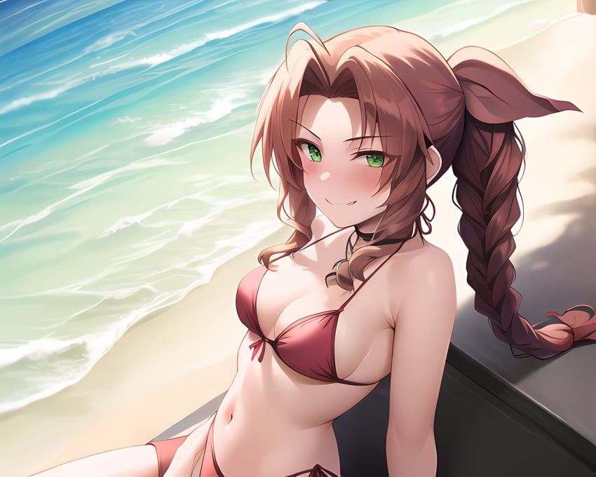 aerith_gainsborough ai_generated beach bikini brown_hair final_fantasy final_fantasy_vii from_above front_tie_bikini green_eyes hair_bow naughty_face red_bikini single_braid stable_diffusion