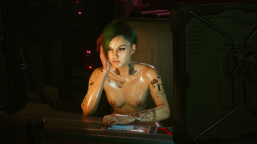 3d breasts casual_nudity computer cyberpunk_2077 female female_only green_hair hugor34ya judy_alvarez mod naked nonsexual_nudity nude sitting sweat tagme vagina video_games